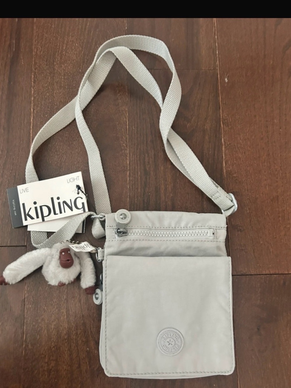 Kipling Light Gray Crossbody Bag with Monkey Charm